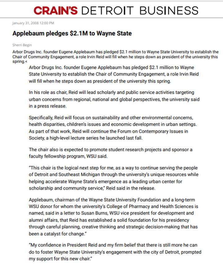 Crain's Article "Applebaum pledges $2.1M to Wayne State, January 31, 2008